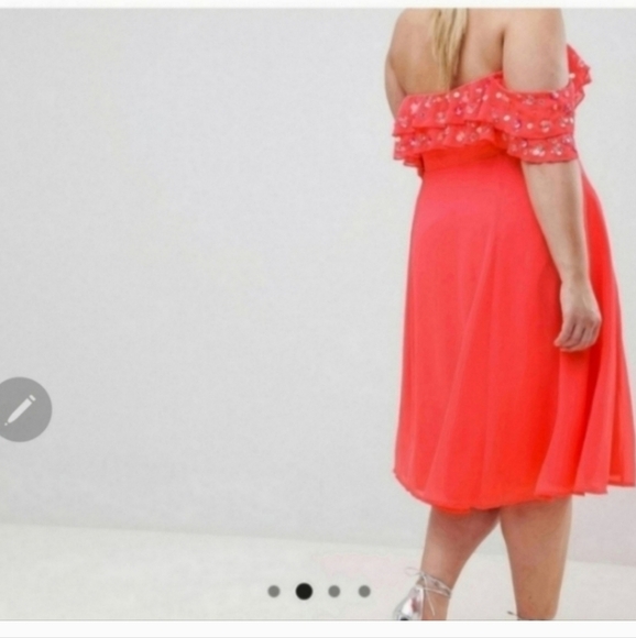 🍁STUNNING!!!!!! RARE HTF NWT ASOS 18 NEON CORAL EMBELLISHED OFF SHOULDer dress - Picture 2 of 8